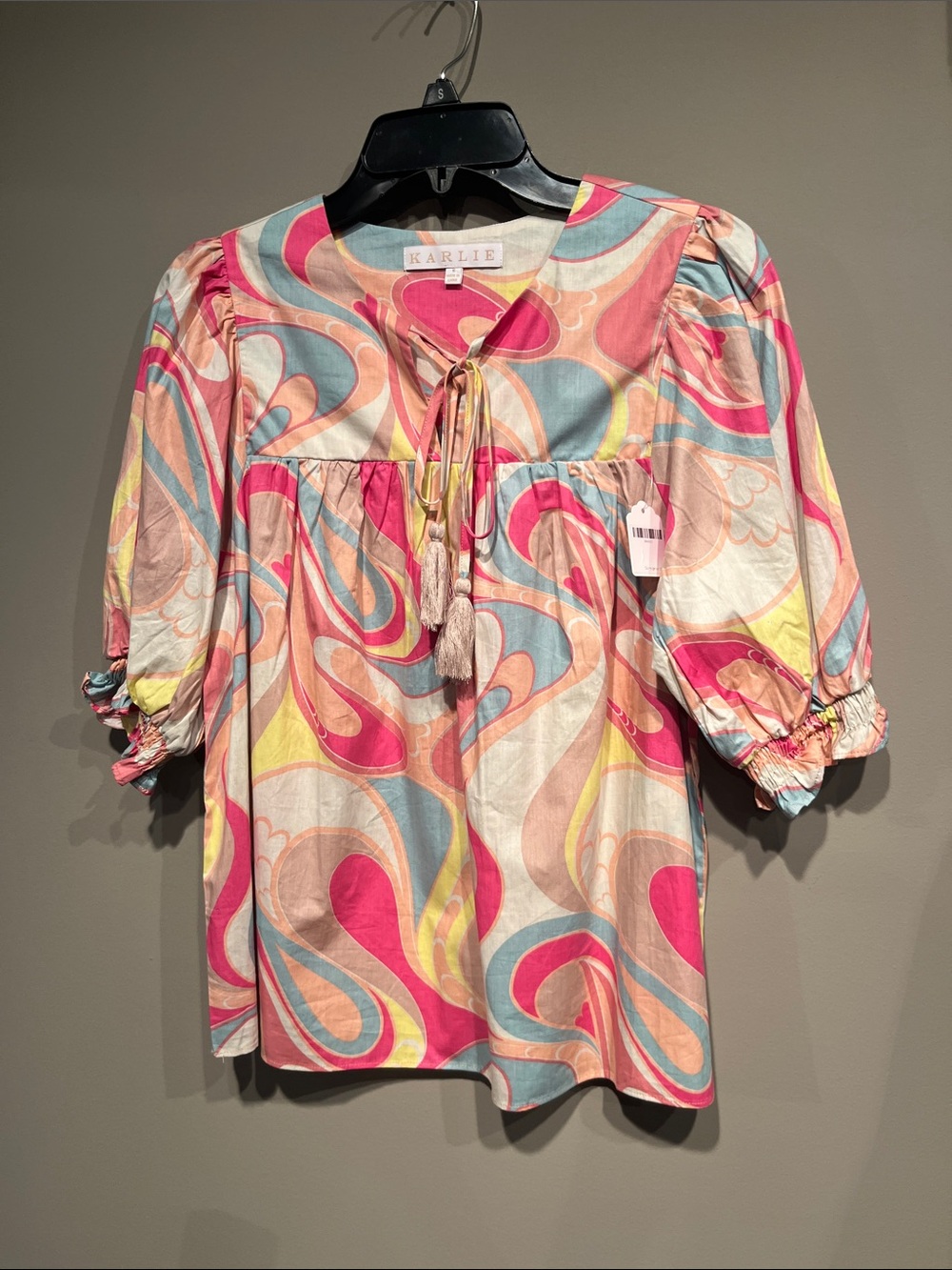 Karlie Pink Multi Swirl Tie-Neck Puff Sleeve Top